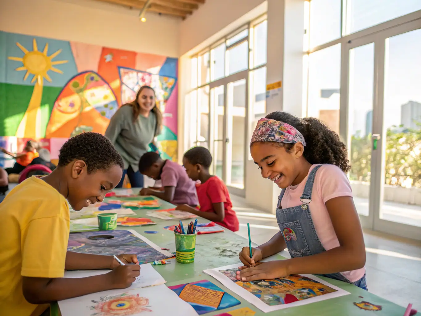A photograph capturing children creating art during a cultural program, showcasing creativity and cultural exchange.