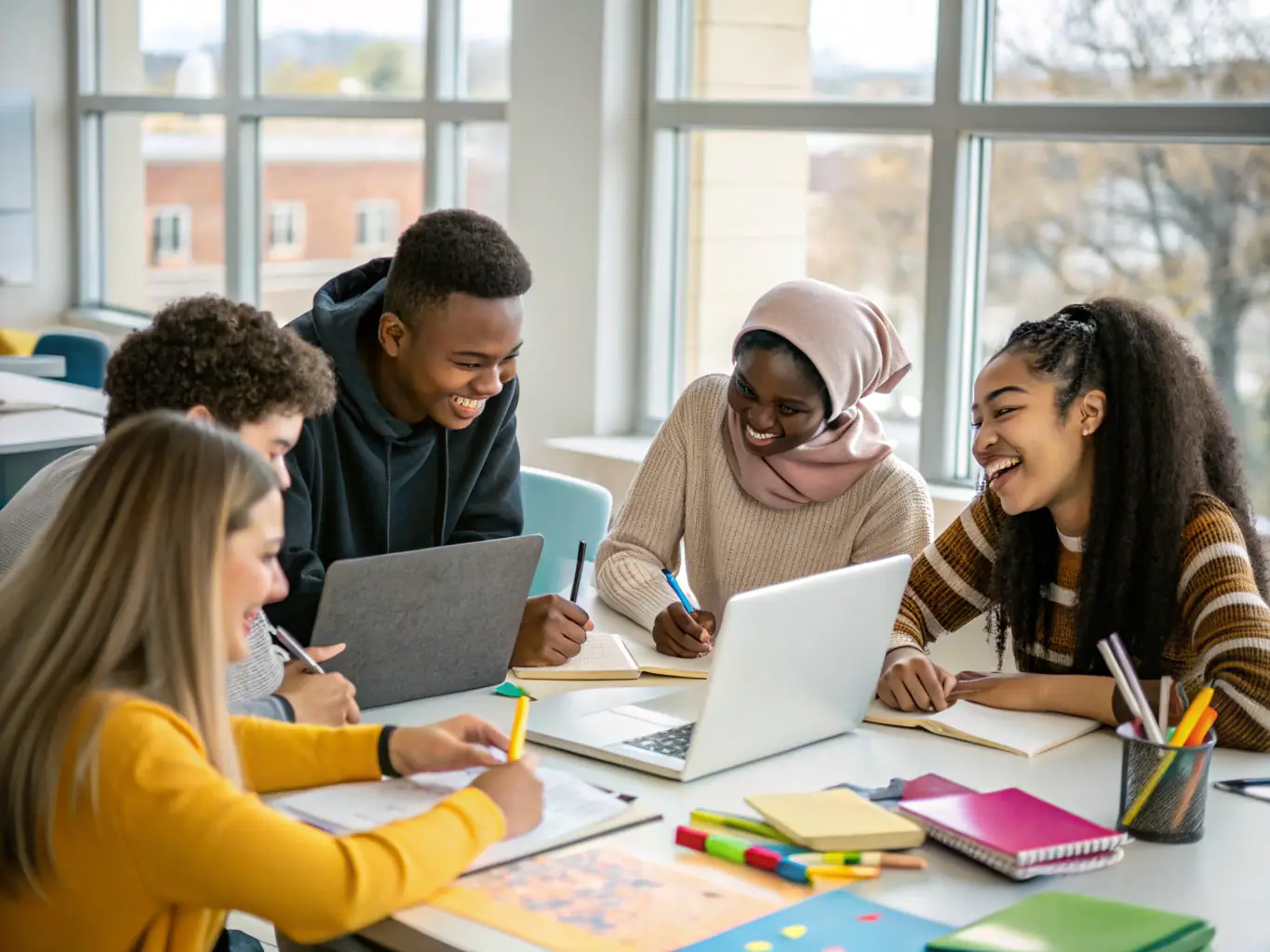 A group of teenagers participating in an educational workshop, focused on developing leadership and problem-solving skills.
