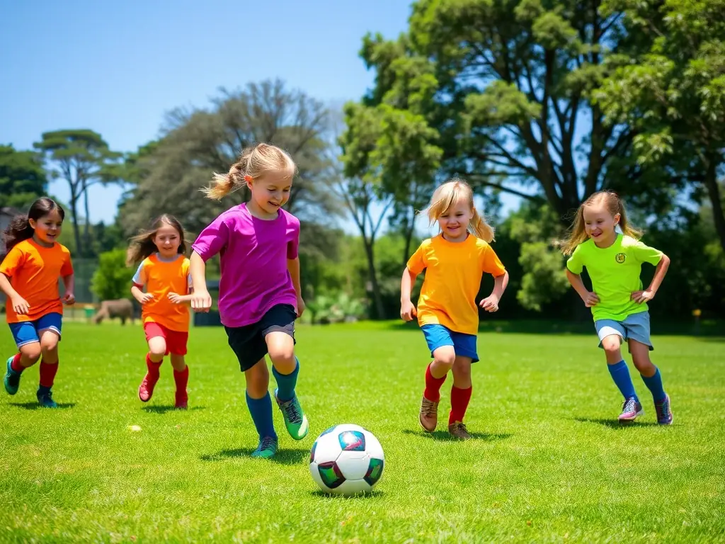 A vibrant image of children and teenagers participating in a soccer game in a lush outdoor field, smiling and enjoying the activity.